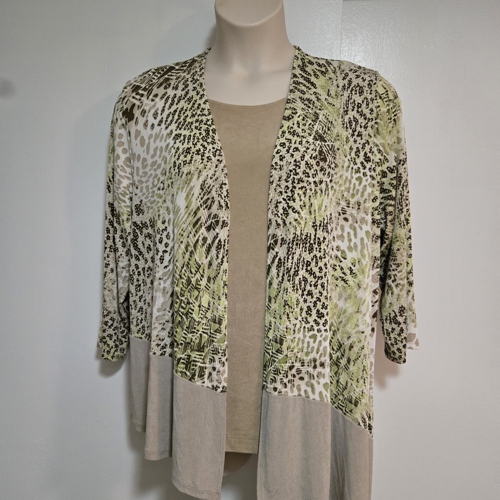 Chicos Travelers Sz 3 (XL) Green Beige Asymmetrical Stretch Open Cardigan Jacket